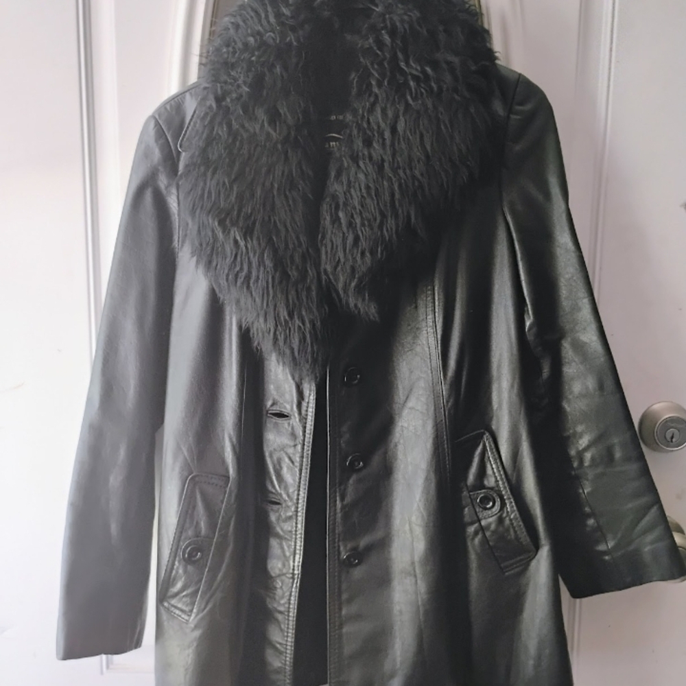 Women's Black Leather Jacket with Fur Collar